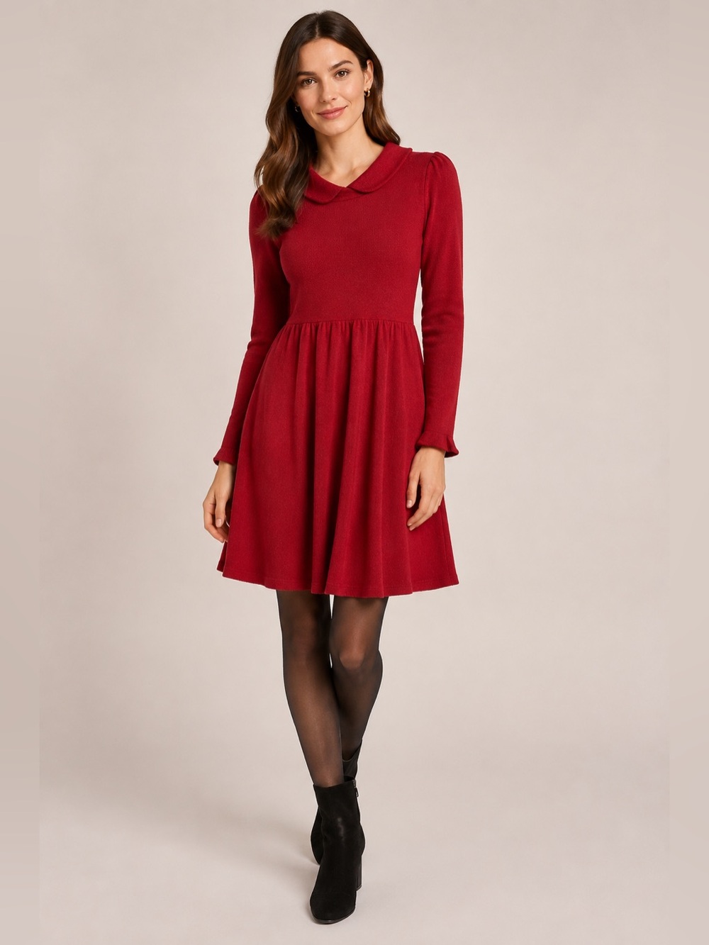 Boden Red Knit Fit & Flare Sweater Dress Scalloped Collar Long Sleeve Size 4